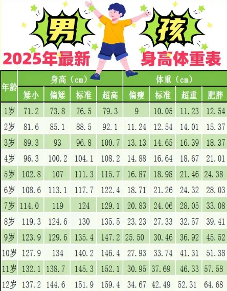 1~18岁男女孩身高体重对照表